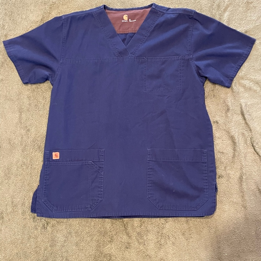 Carhartt Scrub Top Adult Small Navy Blue  Short Sleeve Pockets V Neck Medical